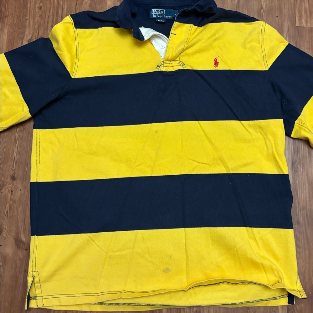 Vintage Polo Ralph Lauren Yellow and Navy Blue Striped Rugby Shirt